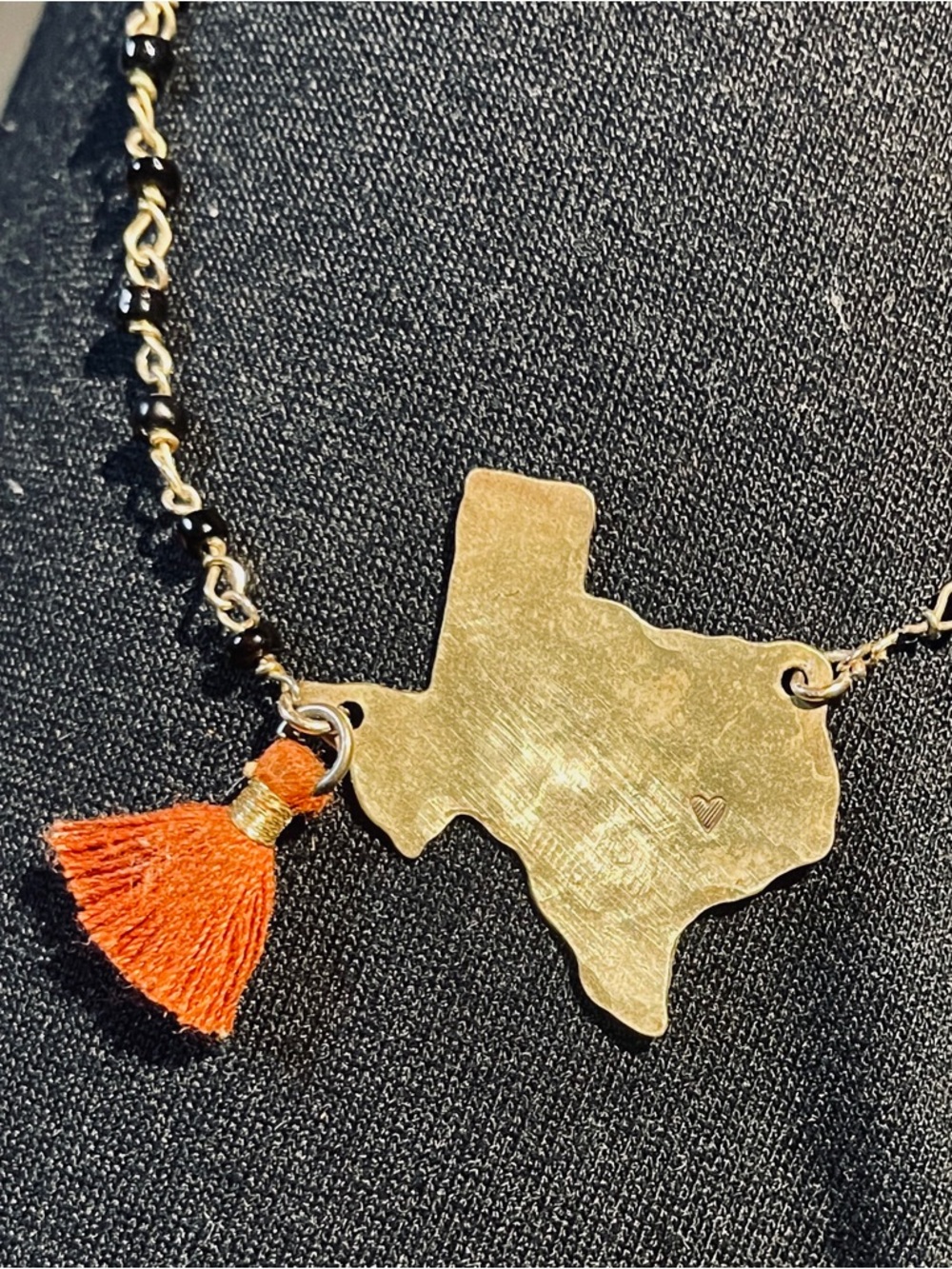 Handmade Cache Chic Brass Austin, Texas Pendant Necklace w Black Rosary Beads